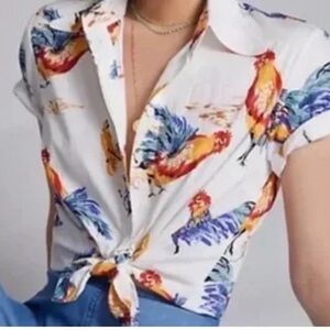 NEW Anthropologie Corey Lynn Calter Small White Rooster Print Button Down Shirt